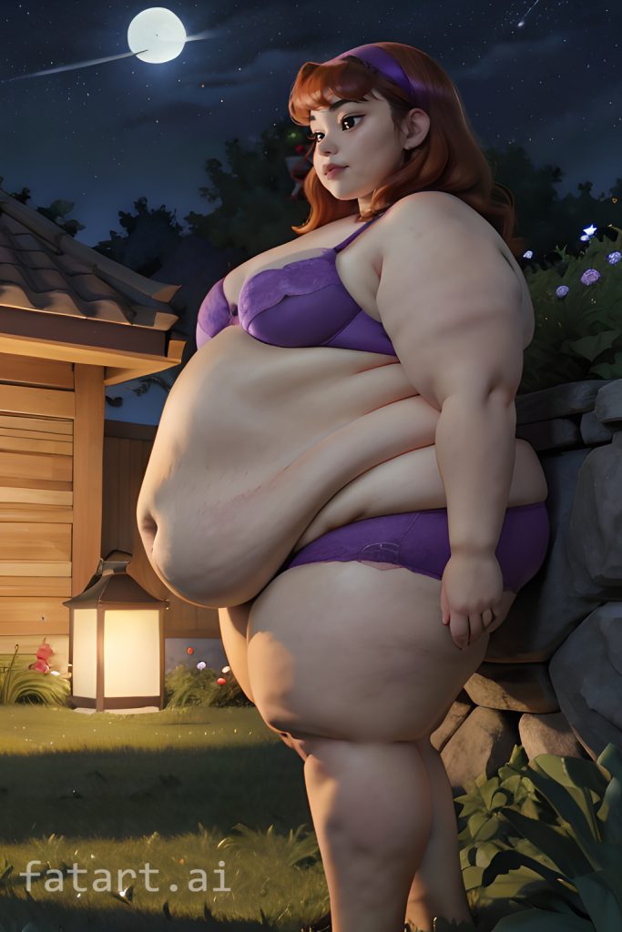 obese daphne in purple lingerie, at garden, night