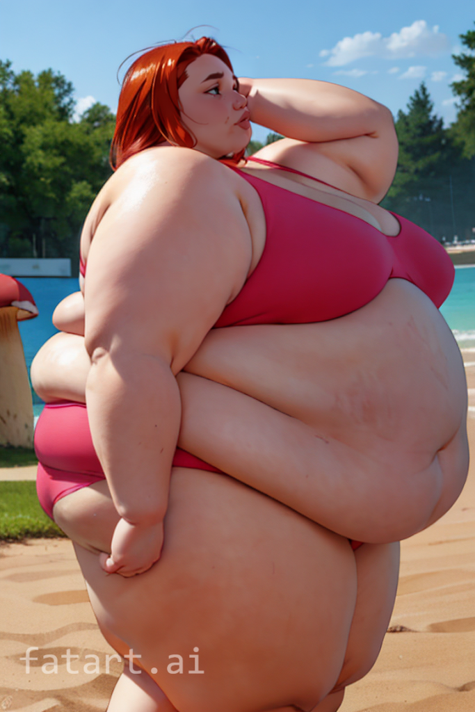 obese atom eve, pink swimsuit, from side, at swimming-pool